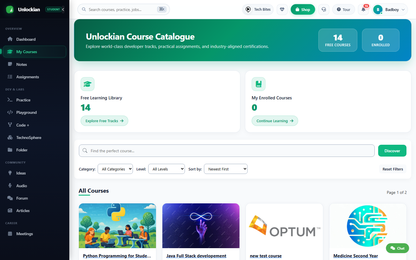 Unlockian Course Catalogue Screenshot